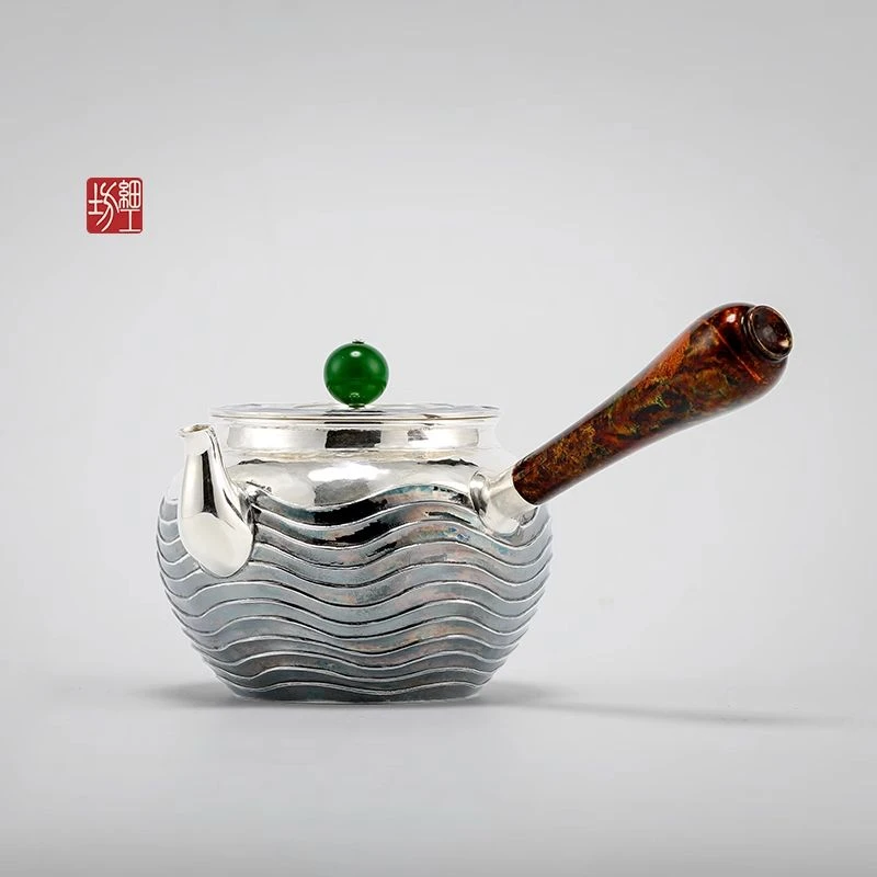 日本细工坊银壶纯银9999烧水壶泡茶壶纯手工大漆侧把小银壶350ml
