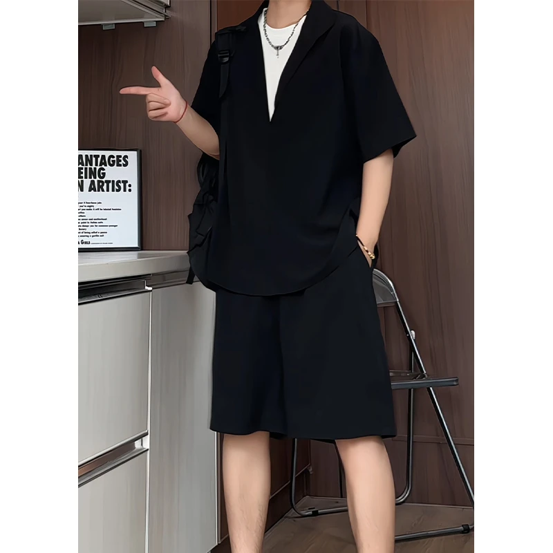 夏季老钱风套装高级感假两件V领Polo衬衫短袖短裤男宽松上衣裤子