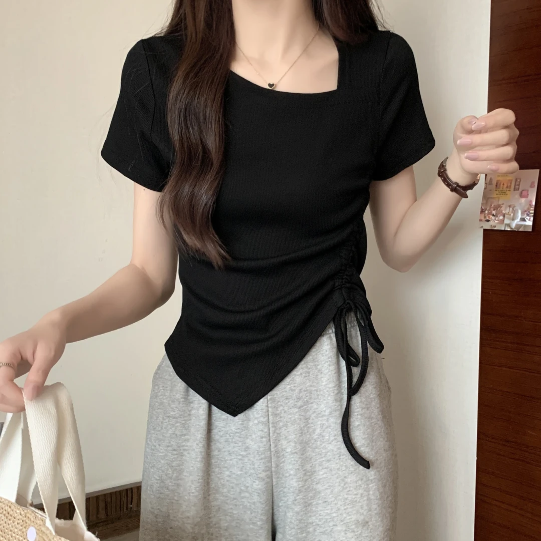 不规则抽绳短款短袖t恤女2025夏季新款甜辣妹修身显瘦设计感上衣