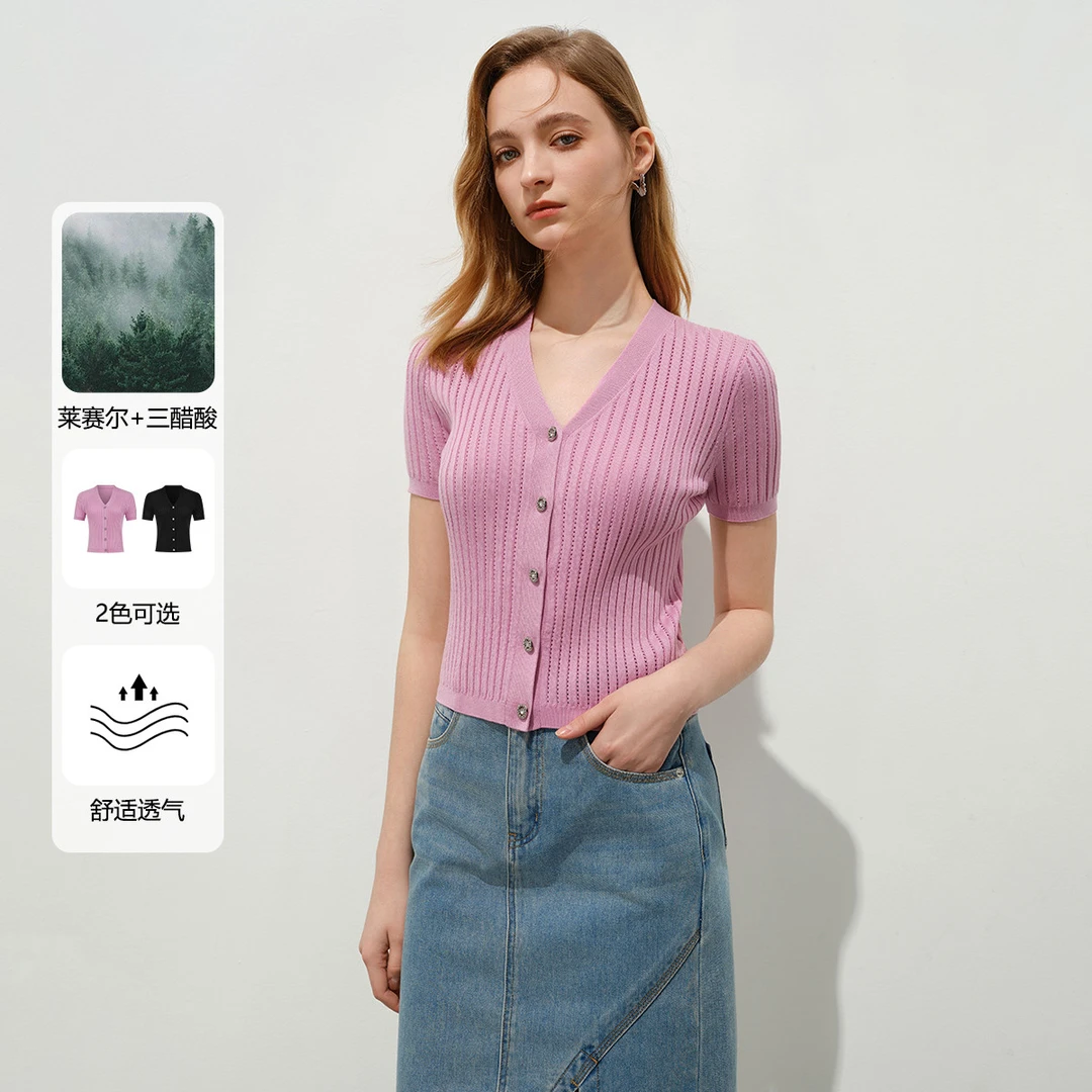 莱赛尔醋酸针织衫女夏季V领气质显瘦透气短袖开衫Y731104676