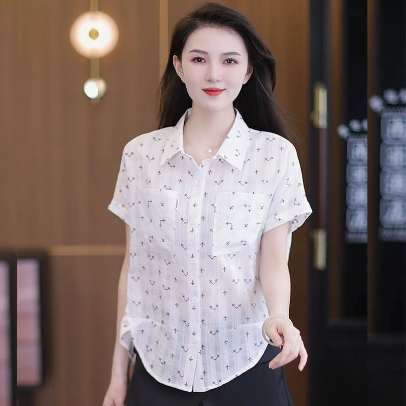 夏季新款轻薄透气白衬衫女短袖小碎花宽松显瘦洋气质减龄百搭