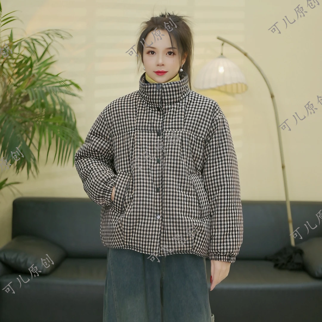 冬季设计师款保暖加厚小立领千鸟格子时尚短款女士小棉服保暖外套