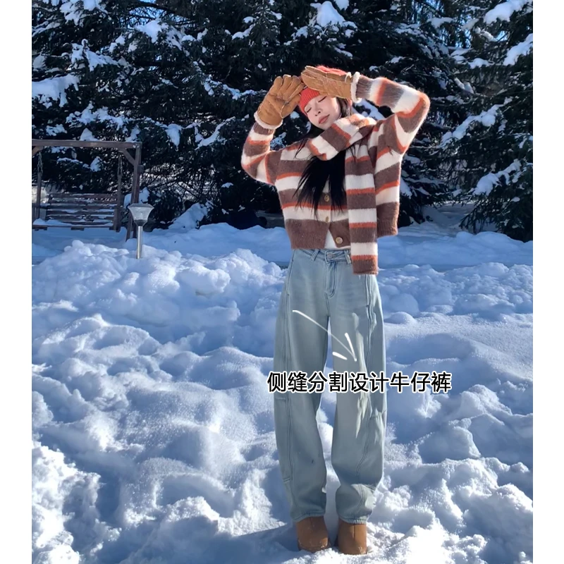 孙妍新款【登机牛仔裤】时尚复古水洗做旧侧缝分割阔腿牛仔裤冬款