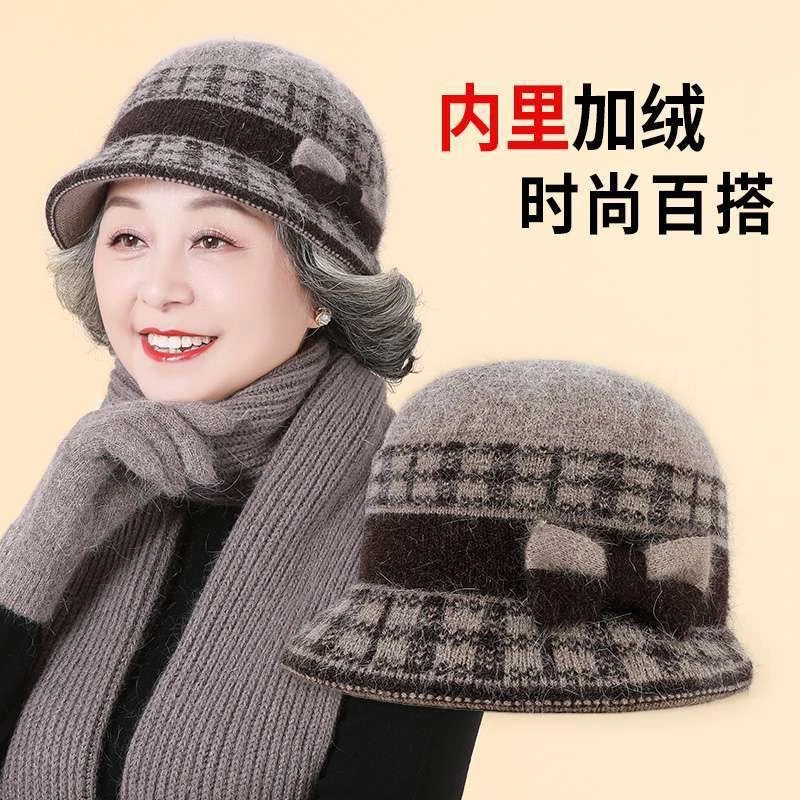 妈妈帽子冬季加绒中老年女加厚奶奶保暖盆帽洋气毛线帽老人针织帽