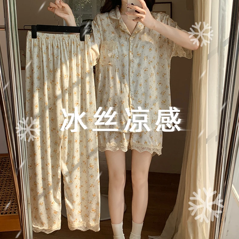 可外穿睡衣女2025夏季新款冰丝凉感短袖宽松休闲家居服套装三件套