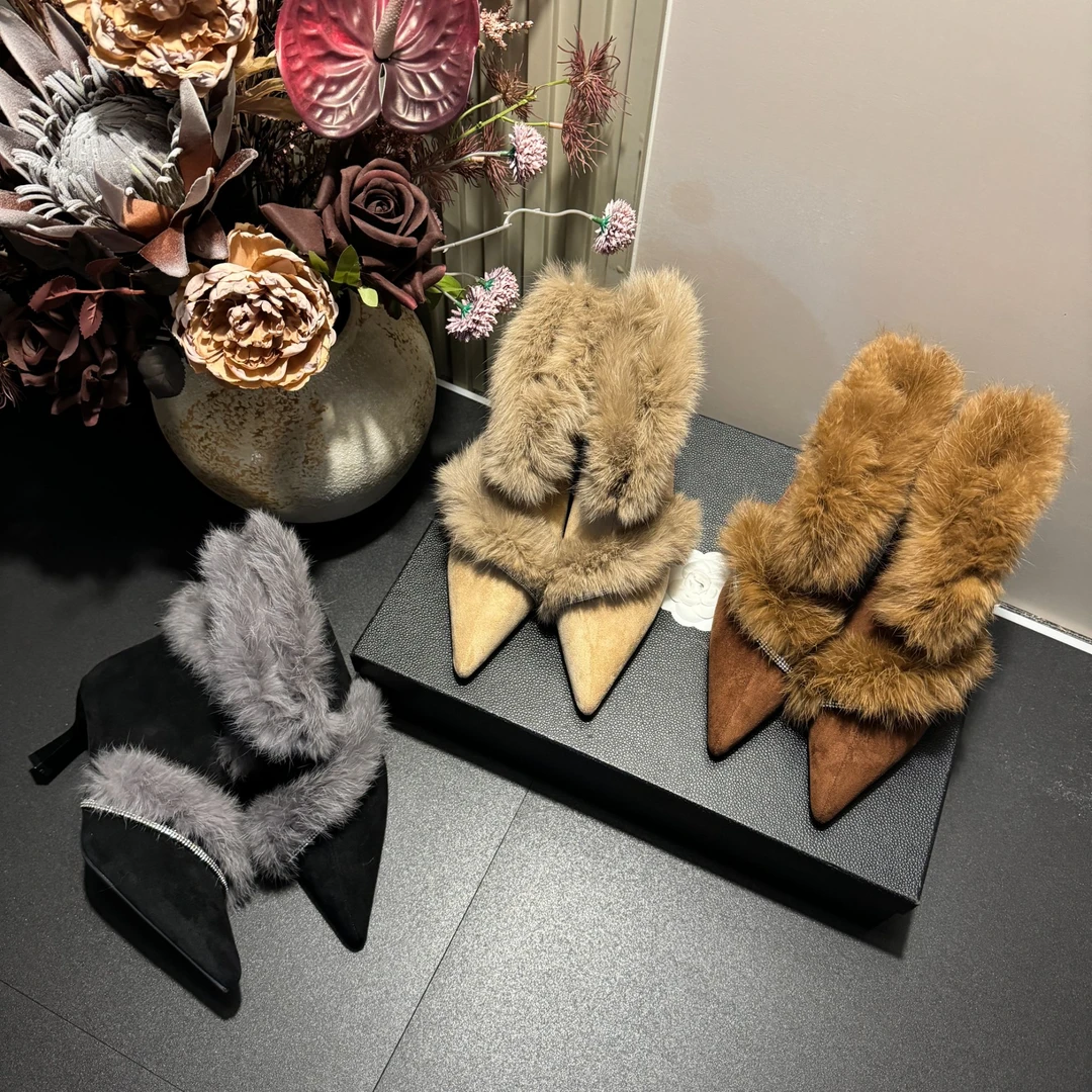 2025年冬季新款水钻兔毛后拉链气质感加绒百搭爆款深口防滑高跟鞋