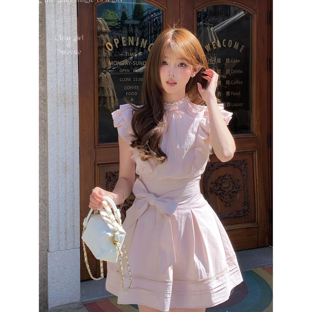 法式气质甜美风小飞袖粉色套装连衣裙子女夏2025新款绑带收腰短裙