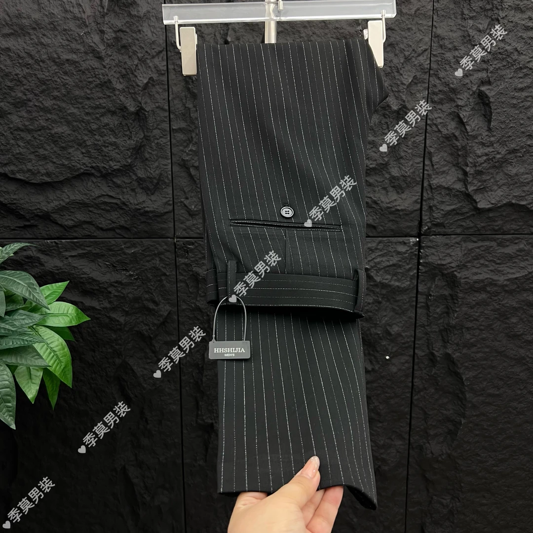 6698男士新款欧货轻奢竖条纹高品质修身百搭长裤微锥小脚裤