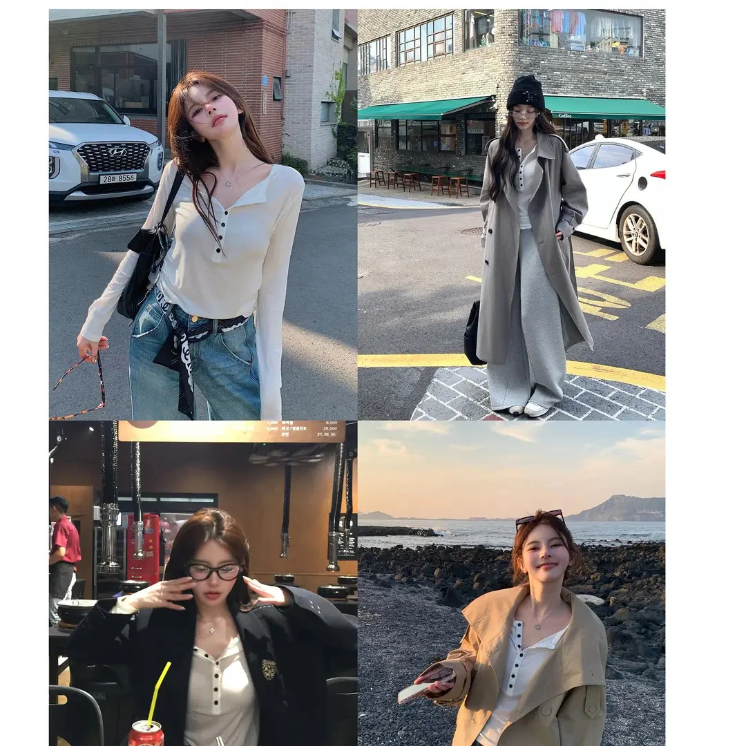韩系半开领白色长袖t恤女2025新款秋季修身简约内搭打底衫上衣潮