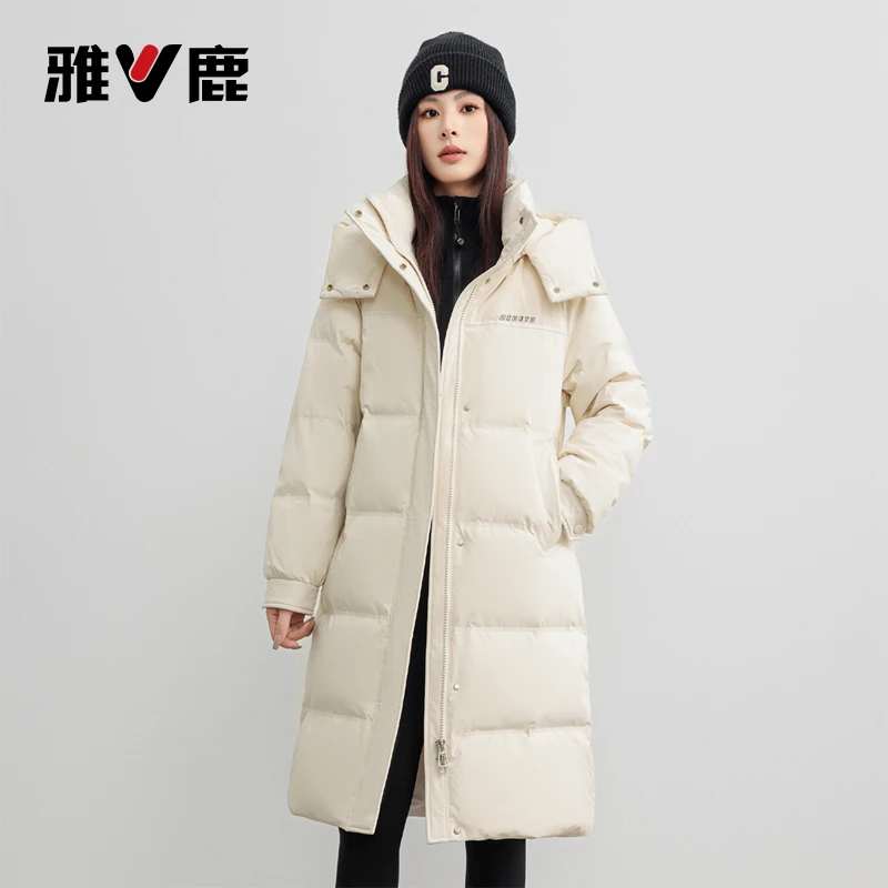 F雅鹿连帽加厚保暖冬季过膝时尚户外休闲女士宽松秋冬女款羽绒服