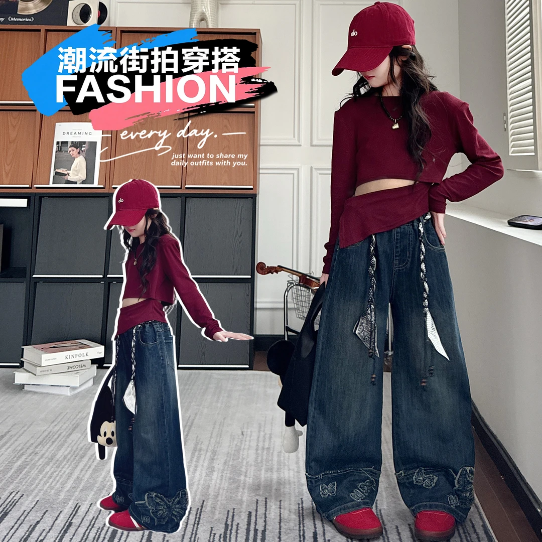 女童秋季牛仔裤2025新款中大童洋气脚口绣蝴蝶牛仔阔腿直筒裤潮