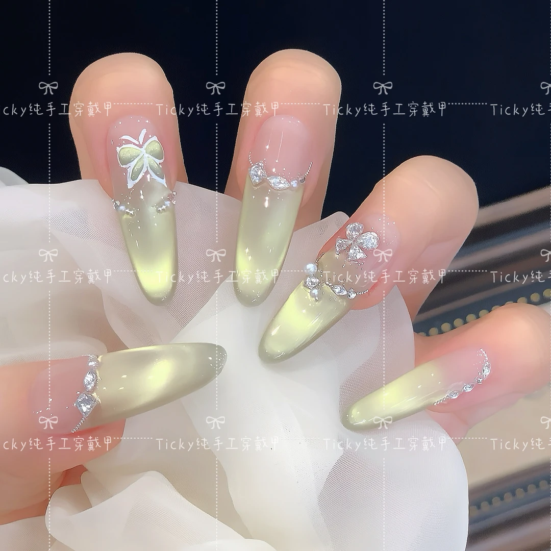 【迷雾森林】高级纯欲青提绿色猫眼纯手工穿戴甲贴片