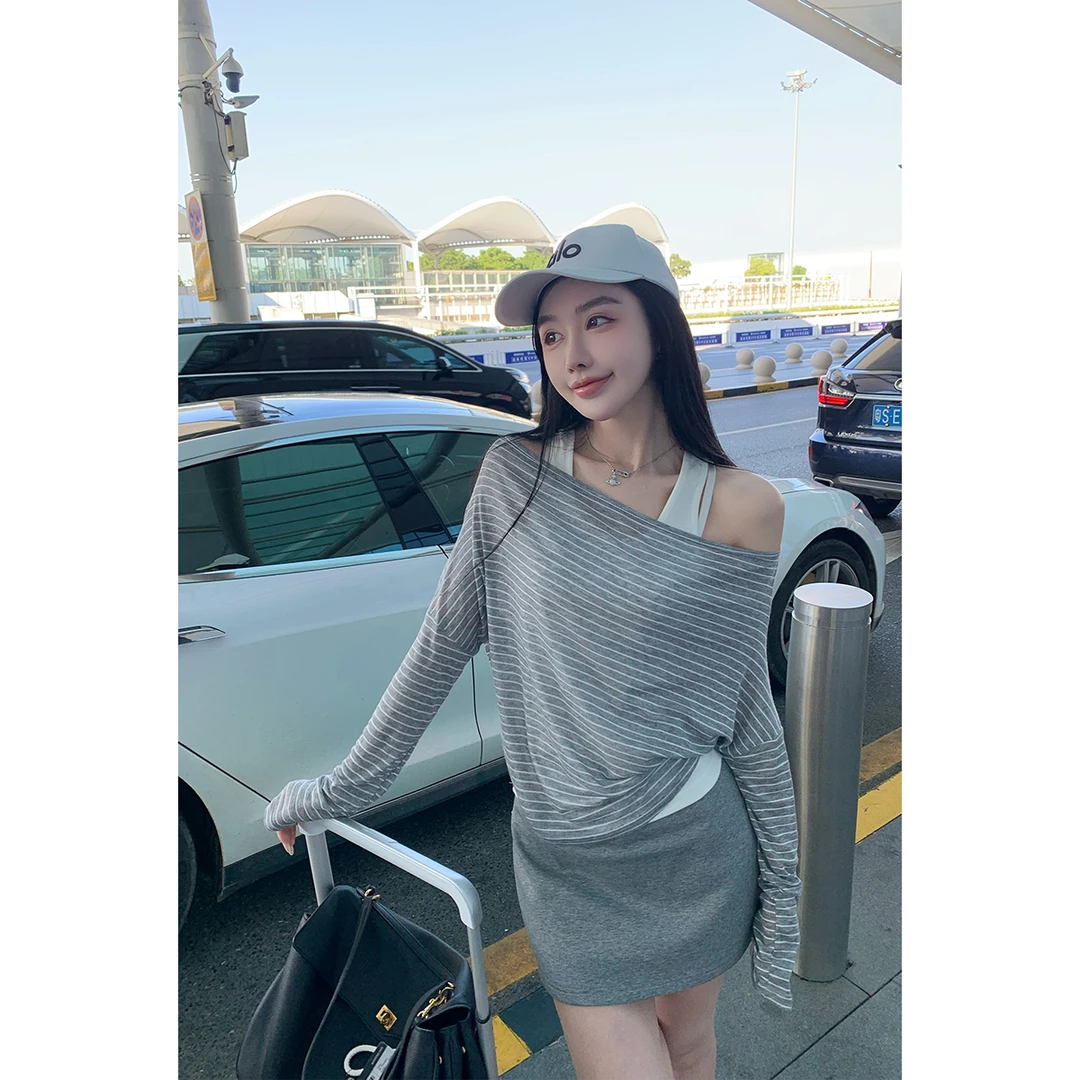 毛妮LADIESFIRST【轻氧条纹】休闲风条纹罩衫背心两件套早秋L2161