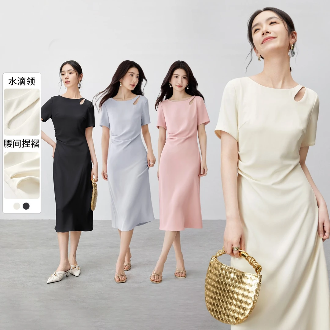 时尚优雅圆领水滴镂空腰部抽褶收腰弹力直筒连衣裙55540