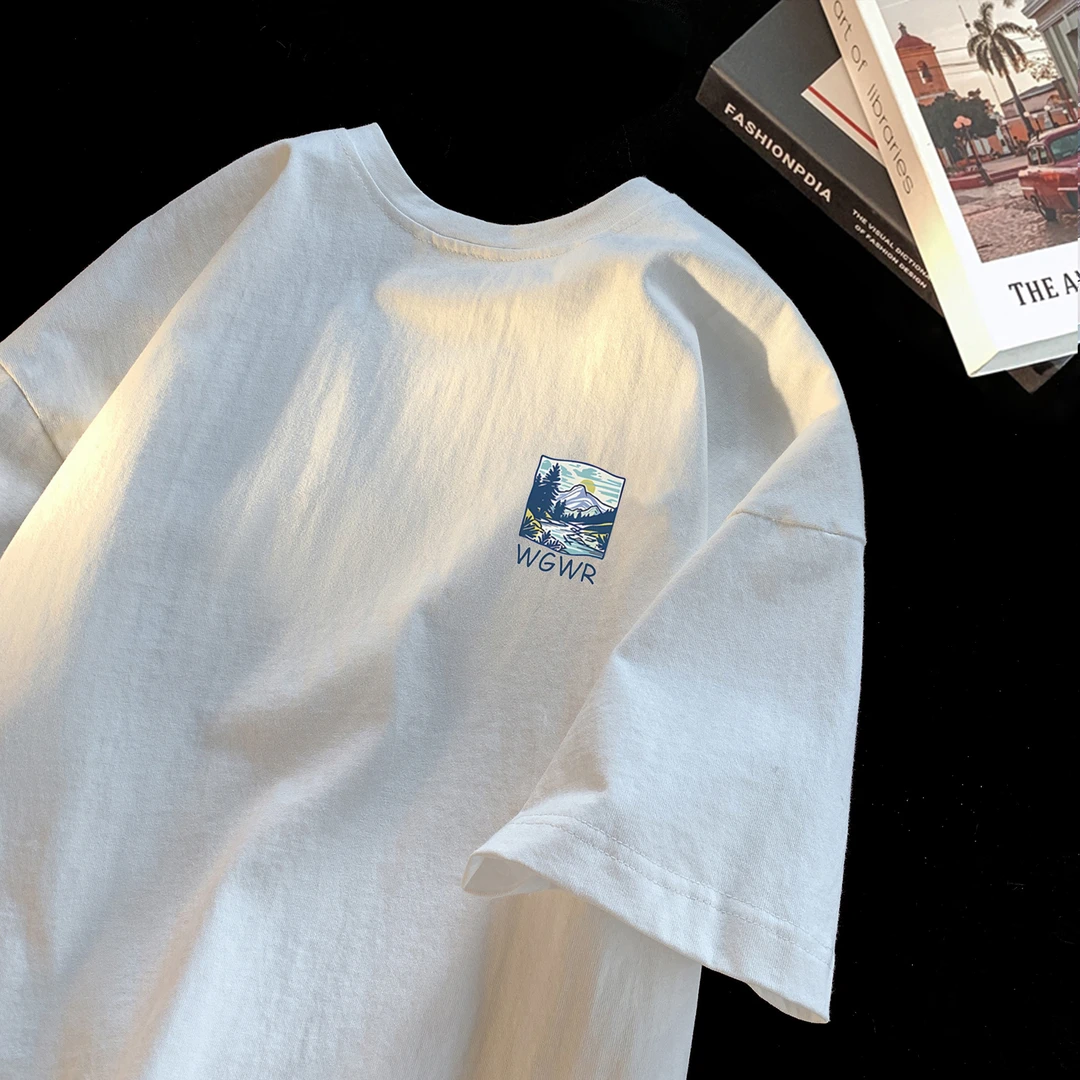 纯棉短袖印花夏季风景男士夏季白T恤小众休闲韩版复古半袖bra学生