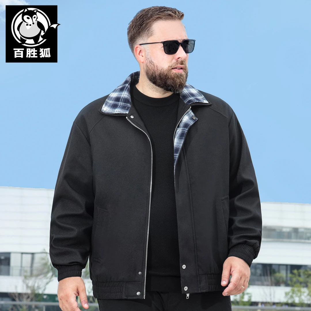 百胜狐格纹翻领夹克2025秋新款胖子加肥男装宽松美式复古格子外套