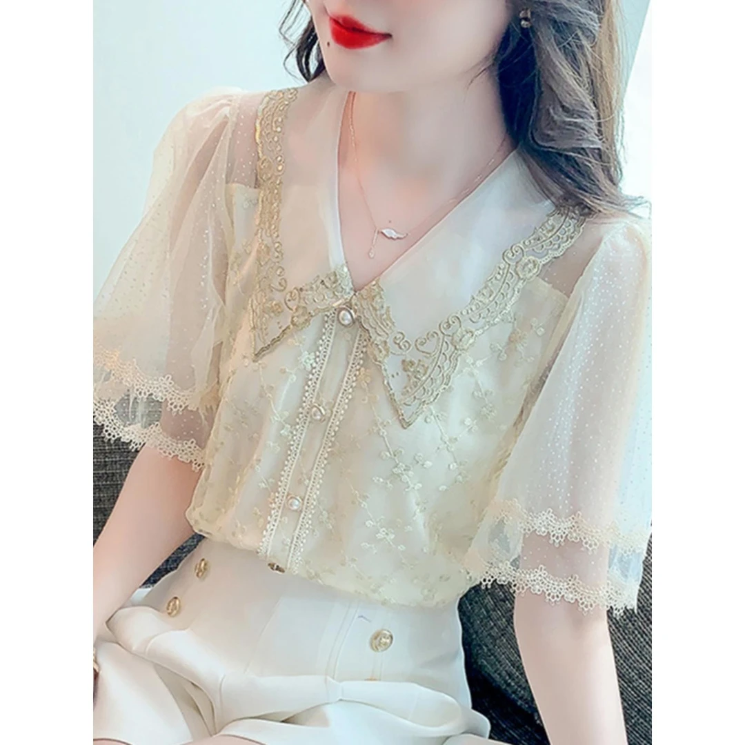 娃娃领雪纺衬衫女2025夏季新款时尚洋气别致减龄高级感短袖蕾丝衫