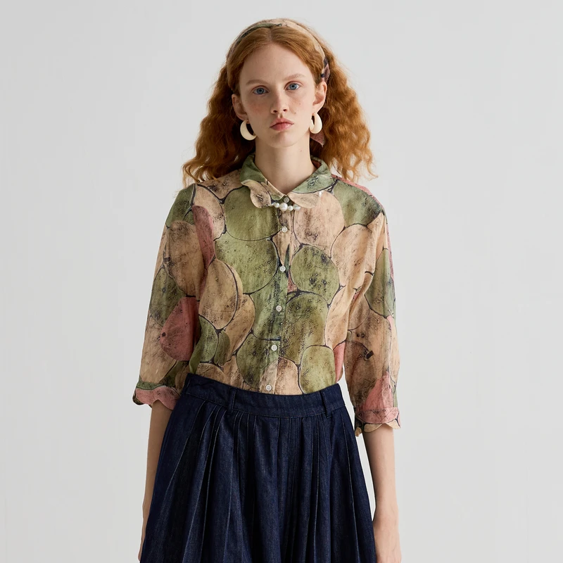 谜底衬衫分袖女2025夏款复古风通勤原创印花宽松H型衬衣252MC0622