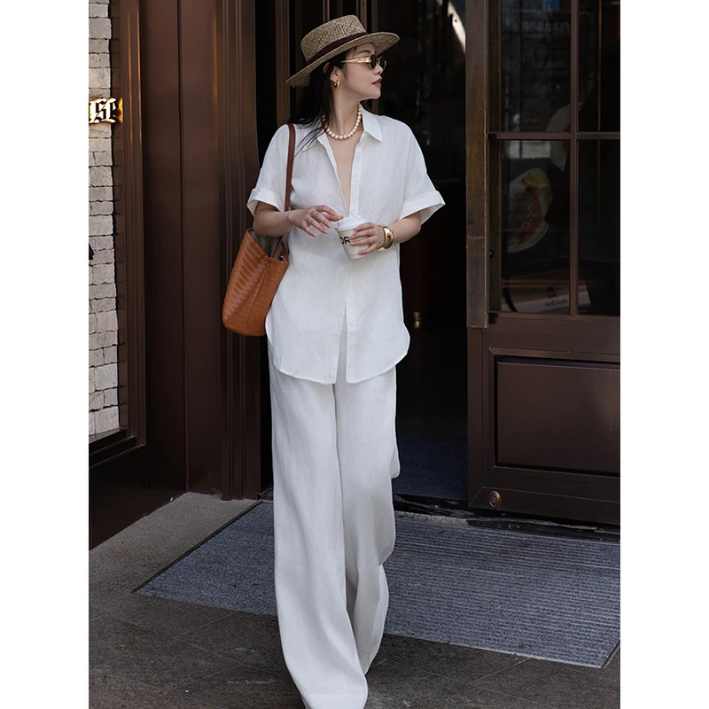 老钱风亚麻衬衫套装女夏季宽松气质通勤短袖衬衣休闲阔腿裤两件套