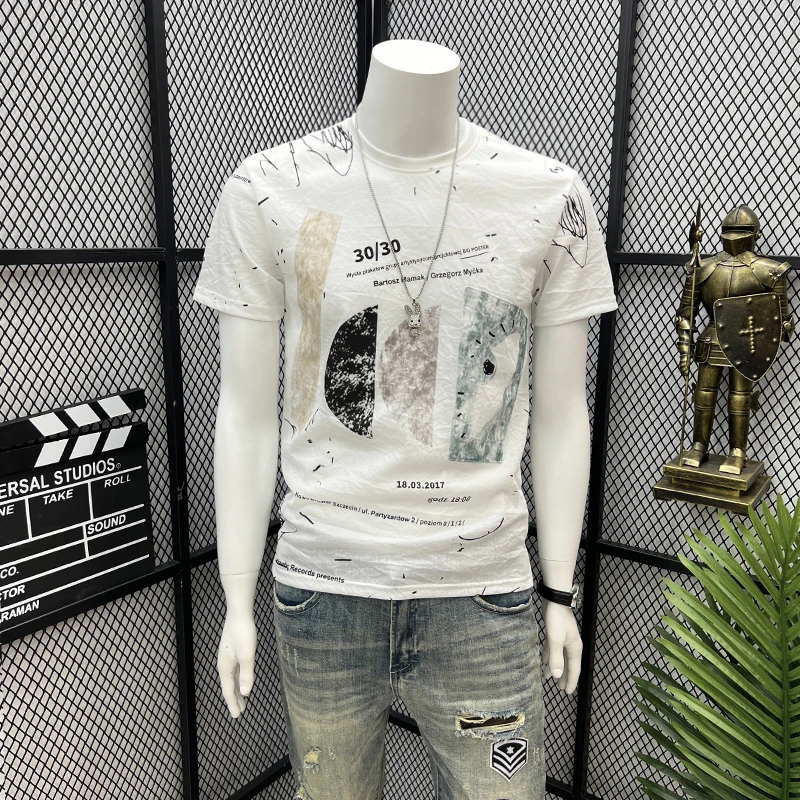 追属短袖t恤男夏季棉麻新款潮牌冰丝男装ins上衣服修身印花体恤衫