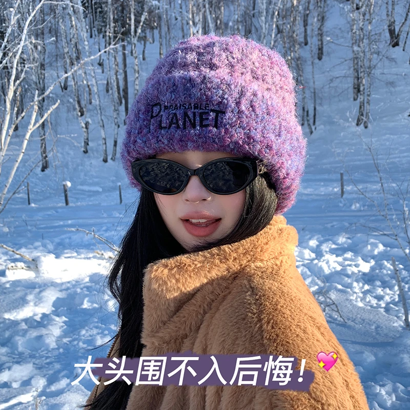 韩版潮流加绒毛绒帽2024年冬显脸小针织帽