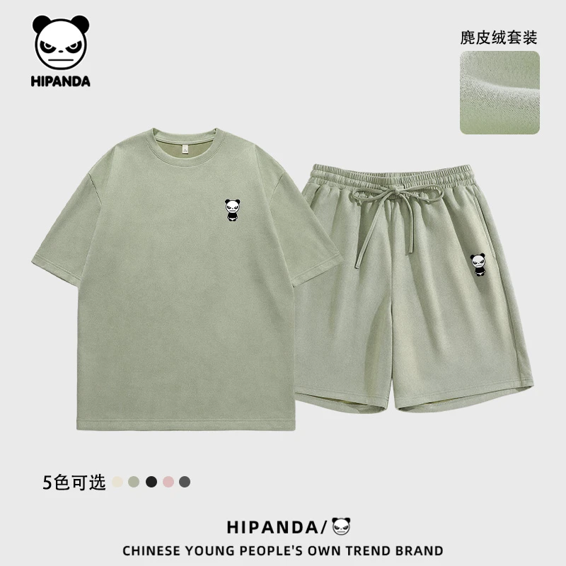 HiPanda美式复古男装套装麂皮绒2025夏季潮牌新款休闲运动套装男