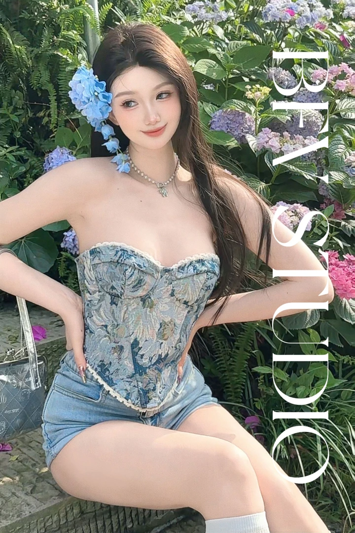 BFV STUDIO【凌晨四点】蓝色提花钢圈鱼骨抹胸 升级加挂耳 修身显瘦