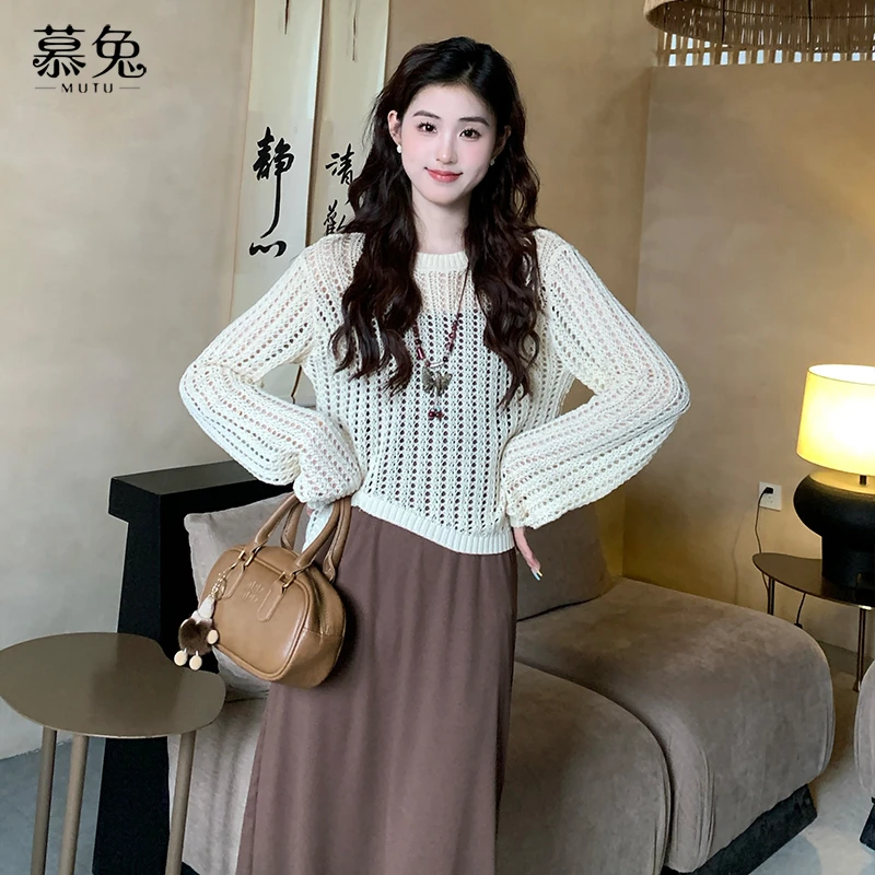 【拍下有腰带】复古针织罩衫吊带连衣裙两件套女秋季气质小个子套装