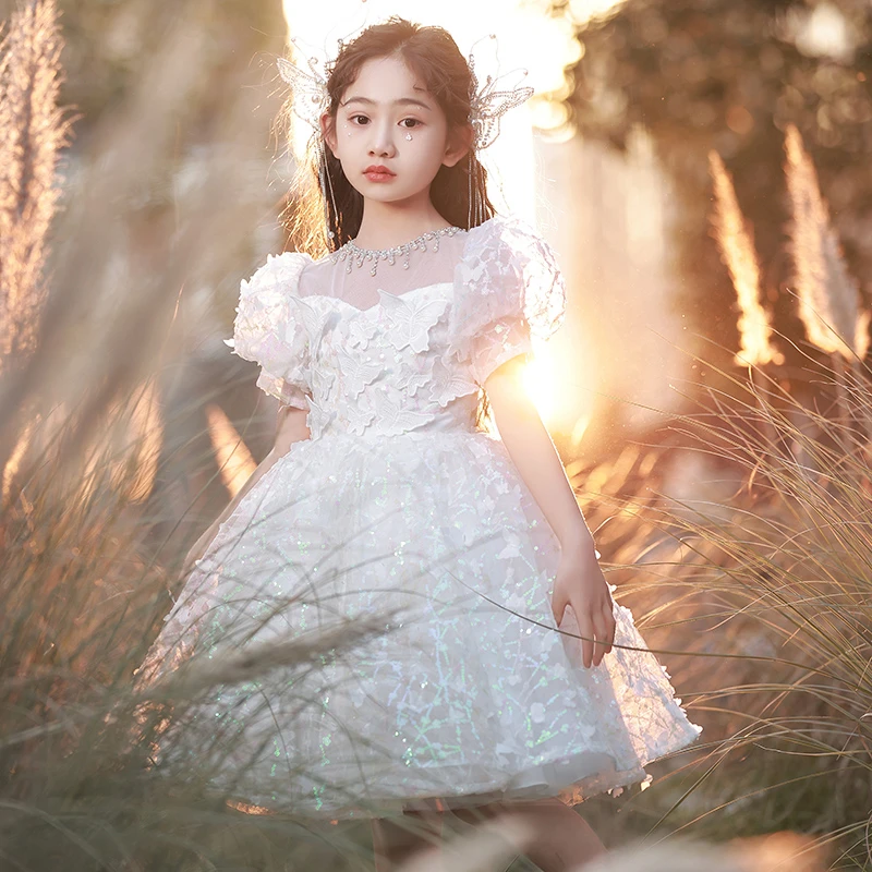 白色礼服女童生日公主裙主持人花童婚礼钢琴演出服晚礼服高端