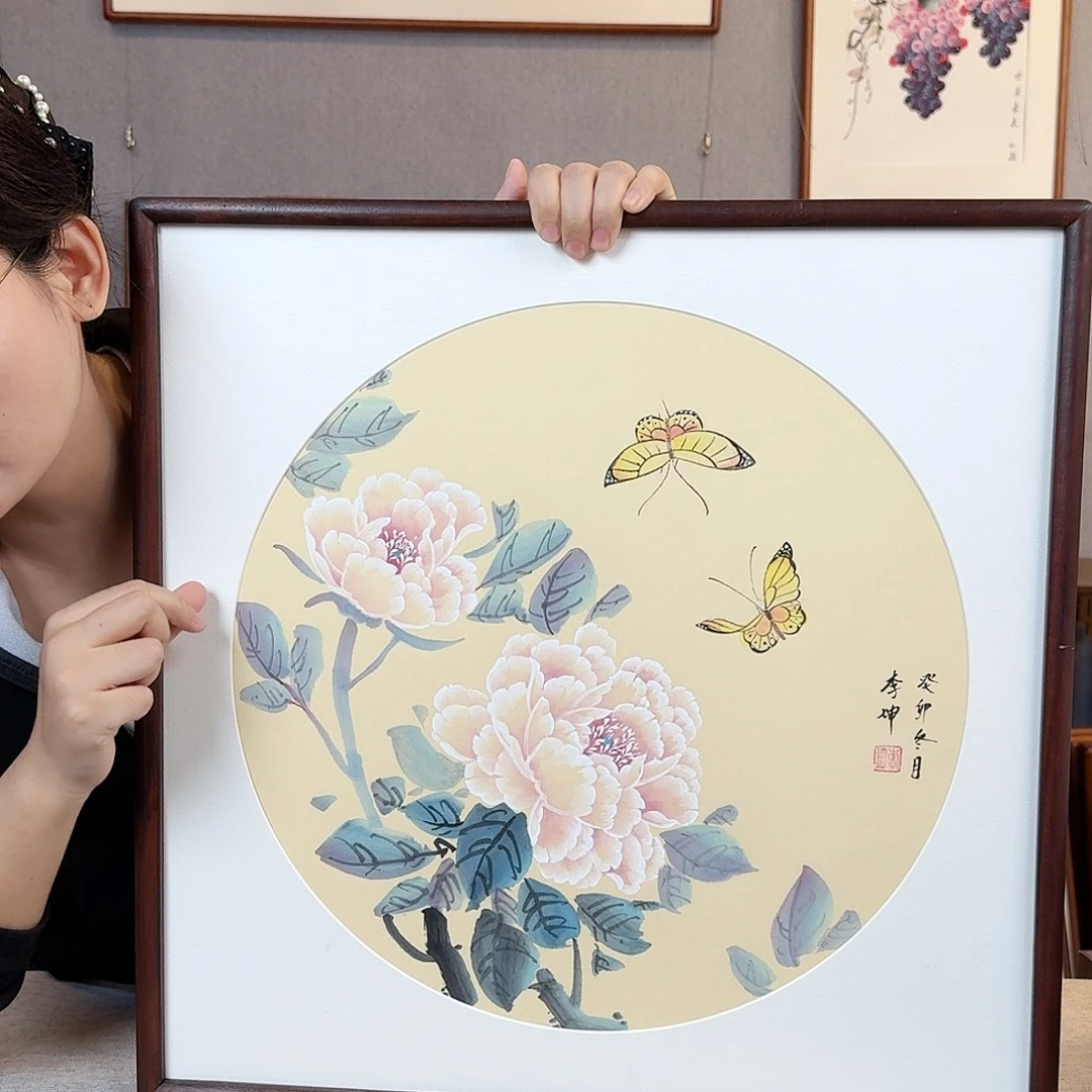 国画纯手绘，纯手写带框尺寸：53×53厘米