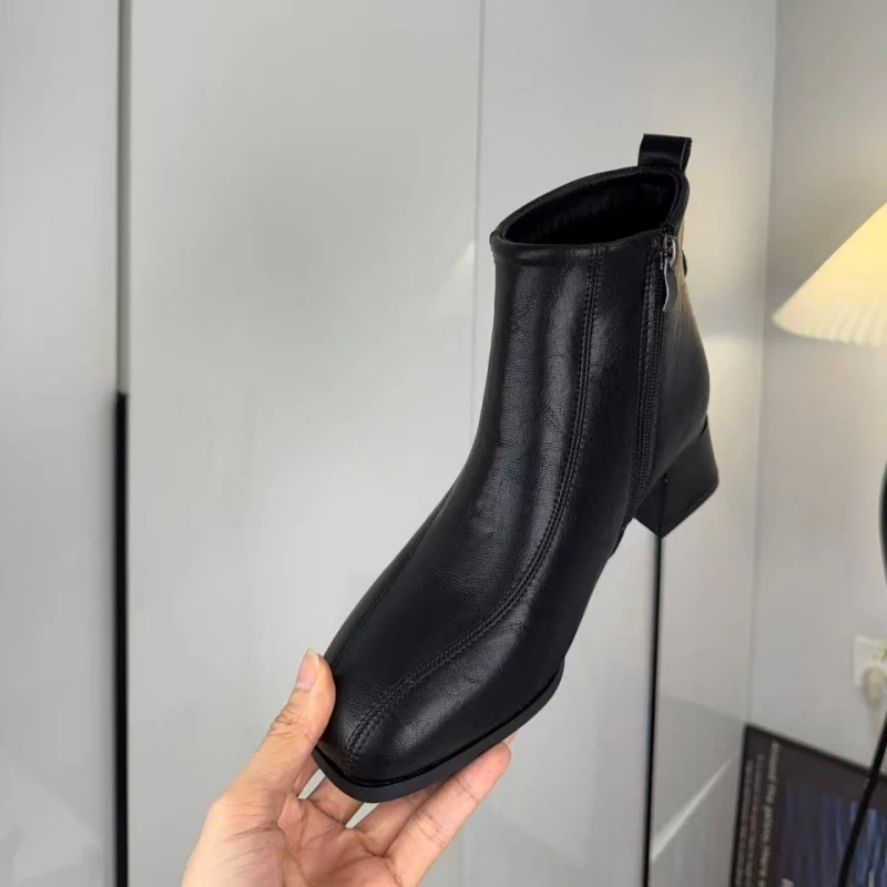 【纤芙森女鞋】7993低跟女靴粗跟英伦防水休闲风拉链百搭方头