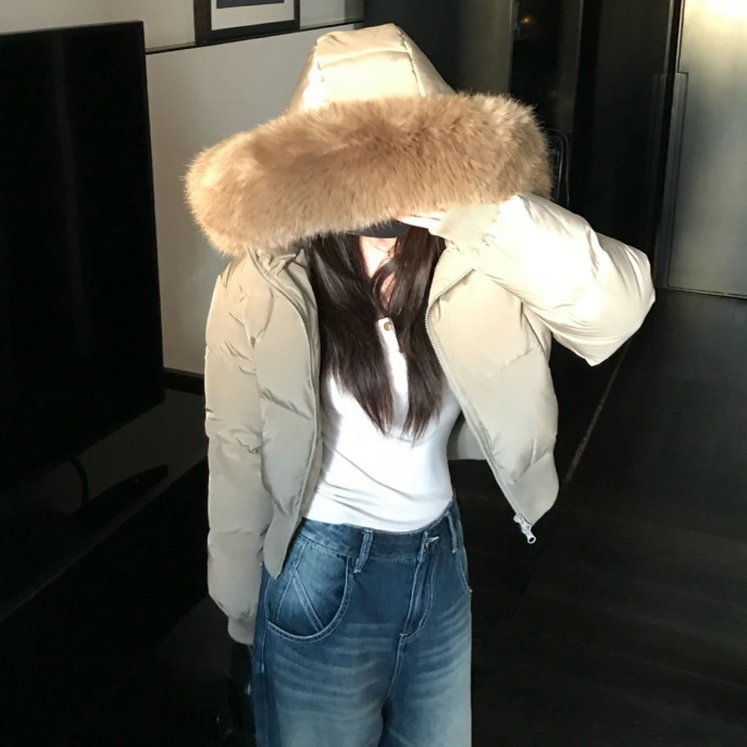 芬兰雪境 冬季毛领连帽三星90白鸭绒收腰加厚短款羽绒服女A004