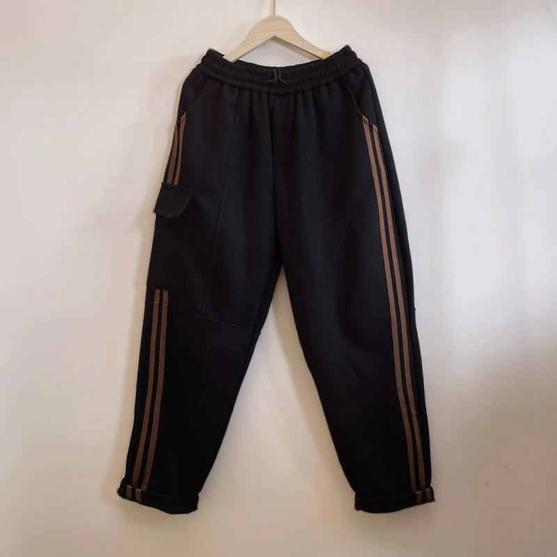 复古文艺竖条纹宽松休闲裤子2025新款黑色松紧腰百搭显瘦YX104977