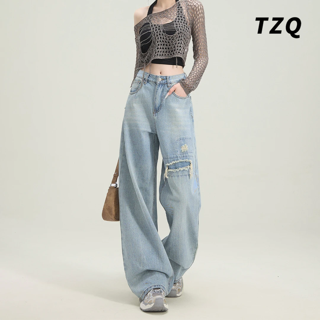 美式复古水洗破洞牛仔裤女爆款2025新款宽松显瘦阔腿裤TZQ123018