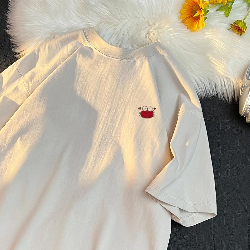 刺绣重磅100%纯棉短袖T恤男潮牌ins宽松版可爱螃蟹绣花体恤上衣服