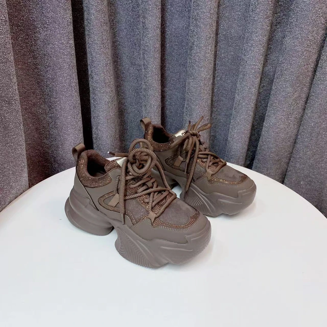 C4974 咖色绒里  夏季时尚圆头系带休闲运动鞋女士老爹鞋