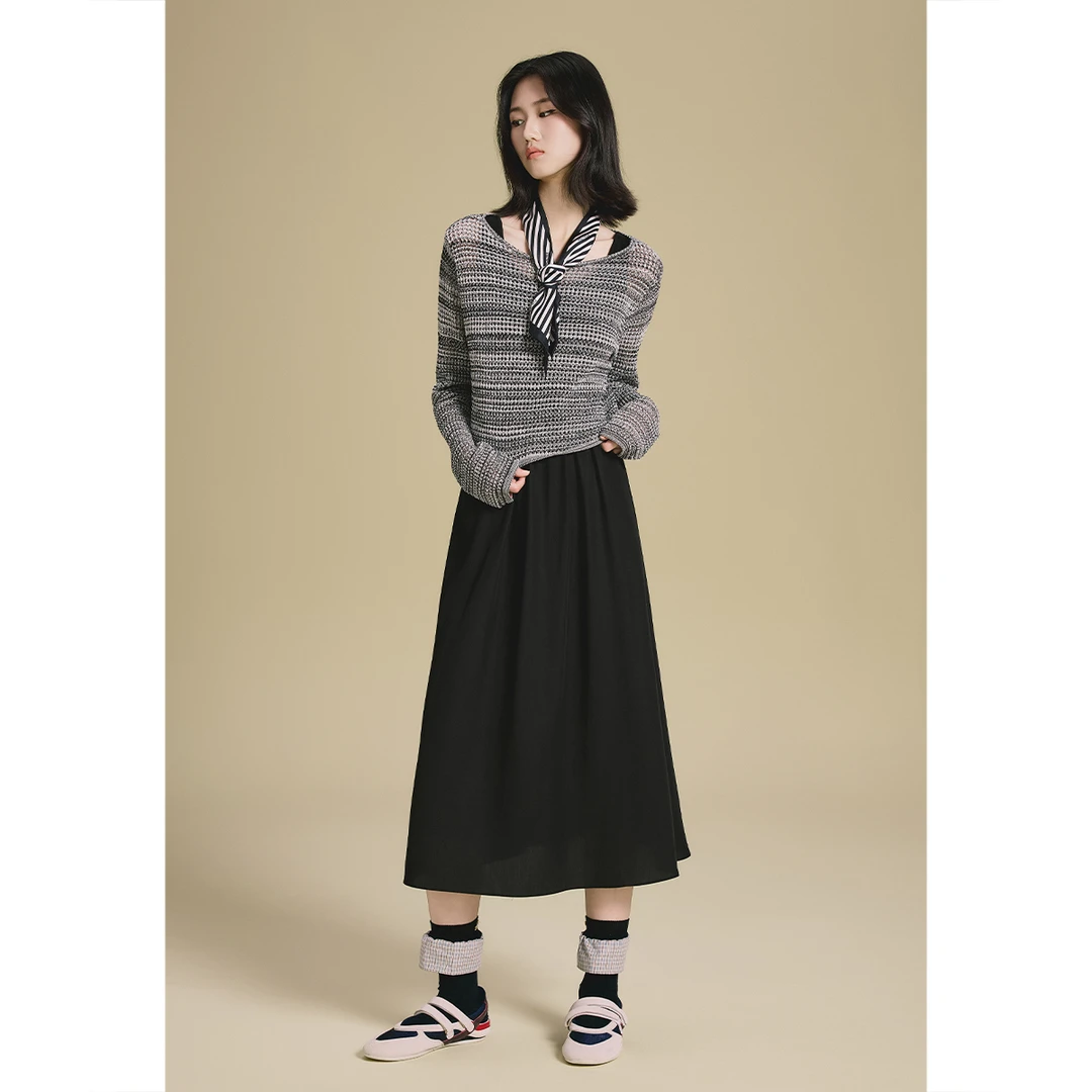 PSALTER/诗篇 25年新款长袖镂空针织罩衫无袖U领小黑裙6C65205793