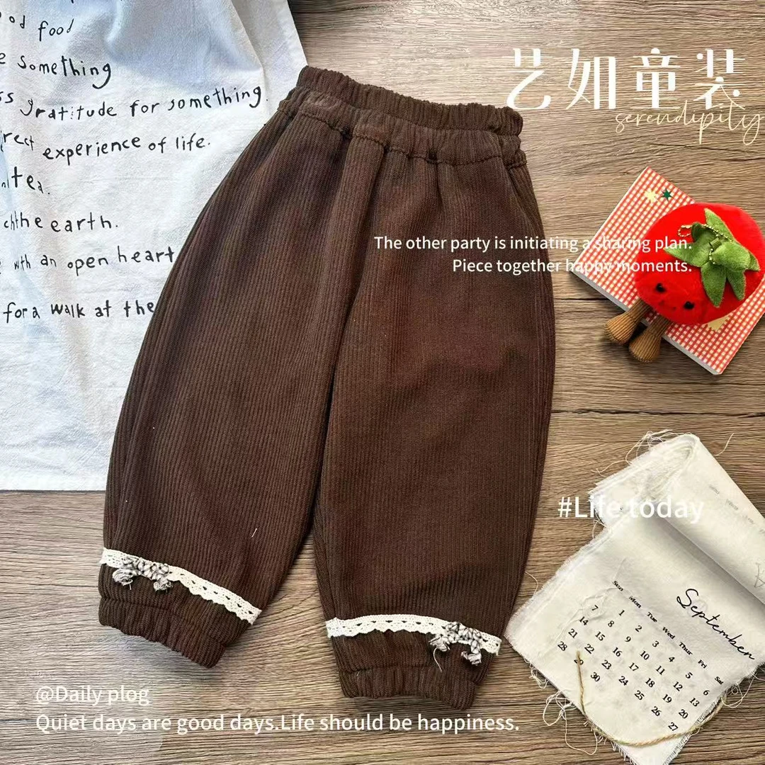 【韩系穿搭】2025冬季上新女童蝴蝶结花边加绒加厚百搭束脚裤D-H365