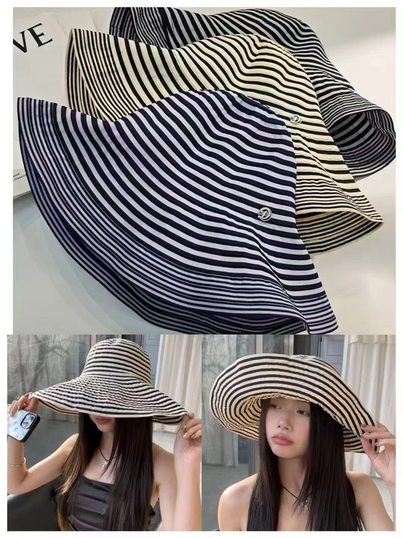 极简风女条纹2025年春季大檐帽子太阳帽春夏