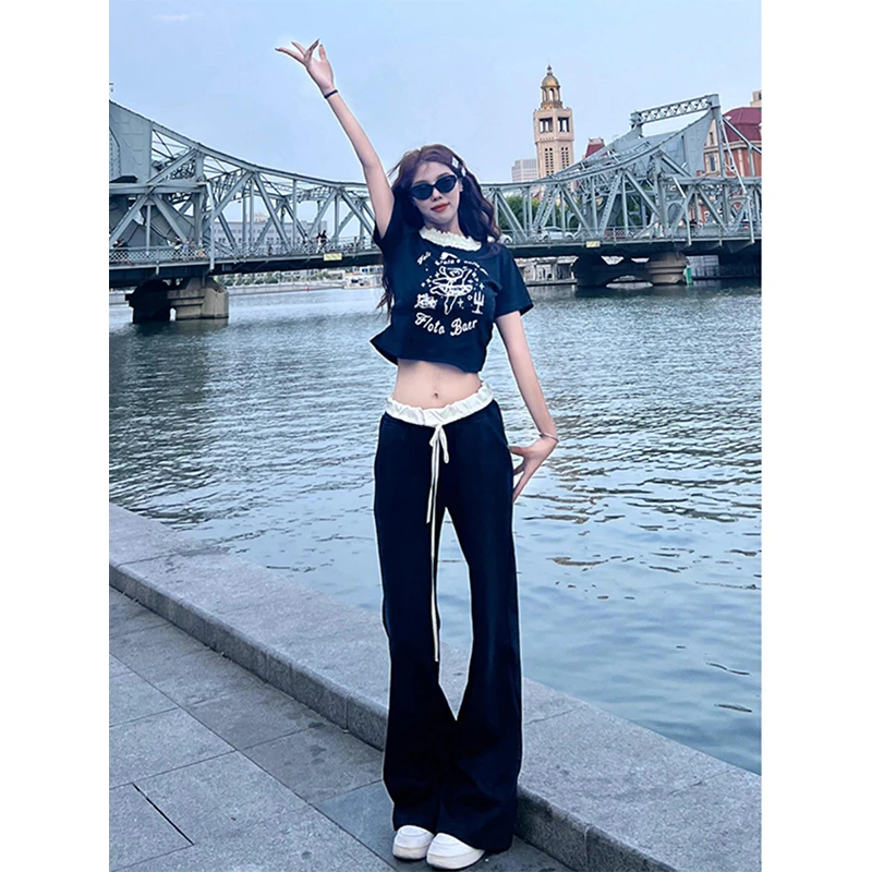 黑色抽绳阔腿休闲裤女夏季新品高腰撞色宽松直筒拖地裤