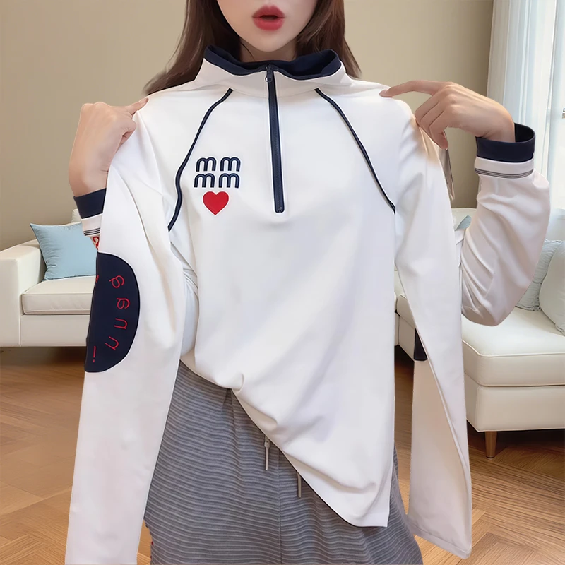 爱心字母刺绣T恤女秋款欧货半设计感拉链长袖时尚休闲打底衫上衣