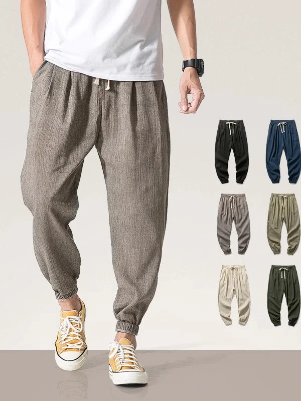 仓石一树潮牌中国风亚麻裤男士夏季薄款束脚阔腿男装棉麻休闲裤子