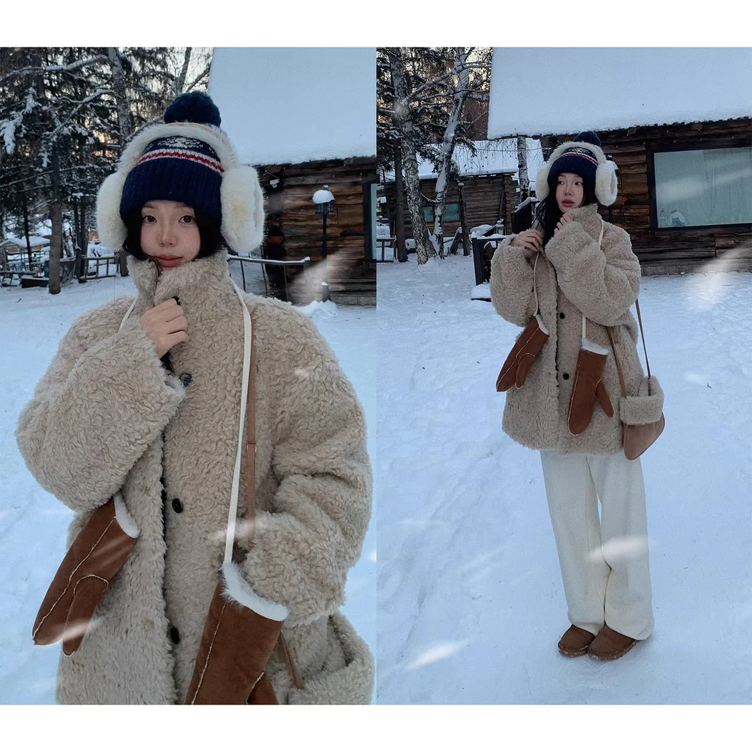 一三良品小个子 气质温柔荃羊毛羊羔毛立翻领颗粒绒外套女Z5A1A