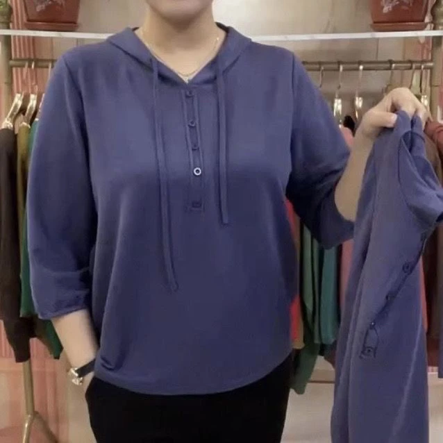 时尚妈妈珠光棉弹力小衫女士春秋连帽七分袖宽松休闲T恤打底衫