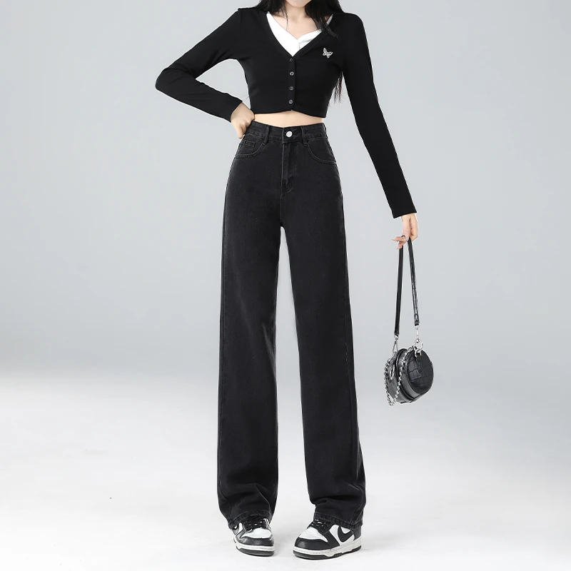 女款爆款2025加绒阔腿牛仔裤女高腰直筒秋冬新款宽松显瘦拖地裤子