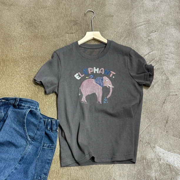 G003大象刺绣t恤衫竹节