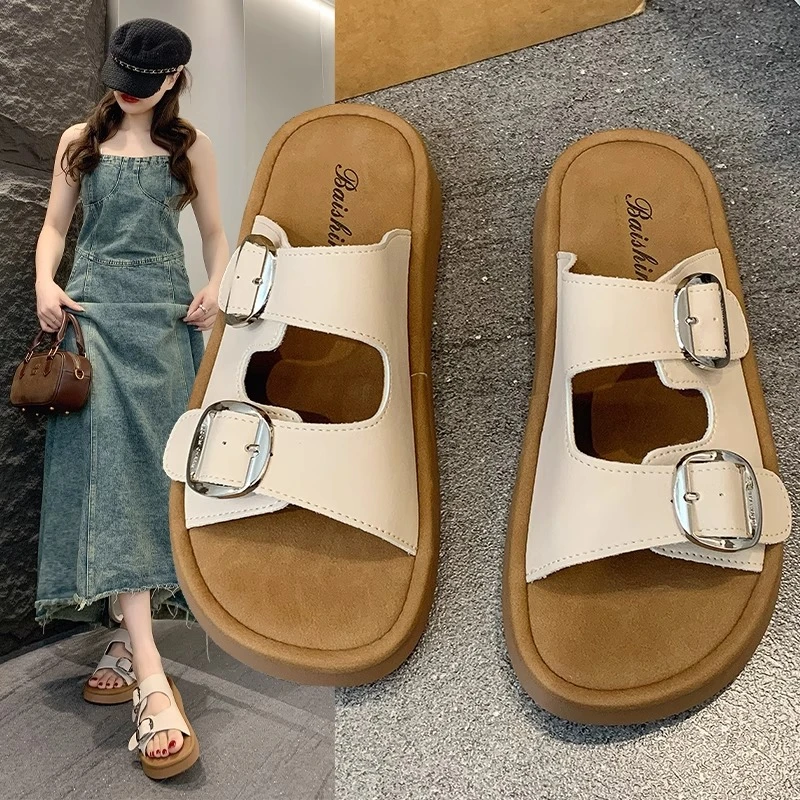 夏季平底舒适一字拖粗跟高跟拖鞋外穿欧若智性风