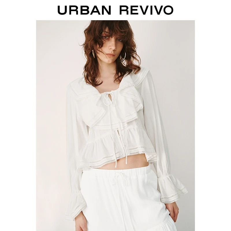 UR2025春季新款女装欧若风法式荷叶边蕾丝长袖开襟衬衫UYL250015