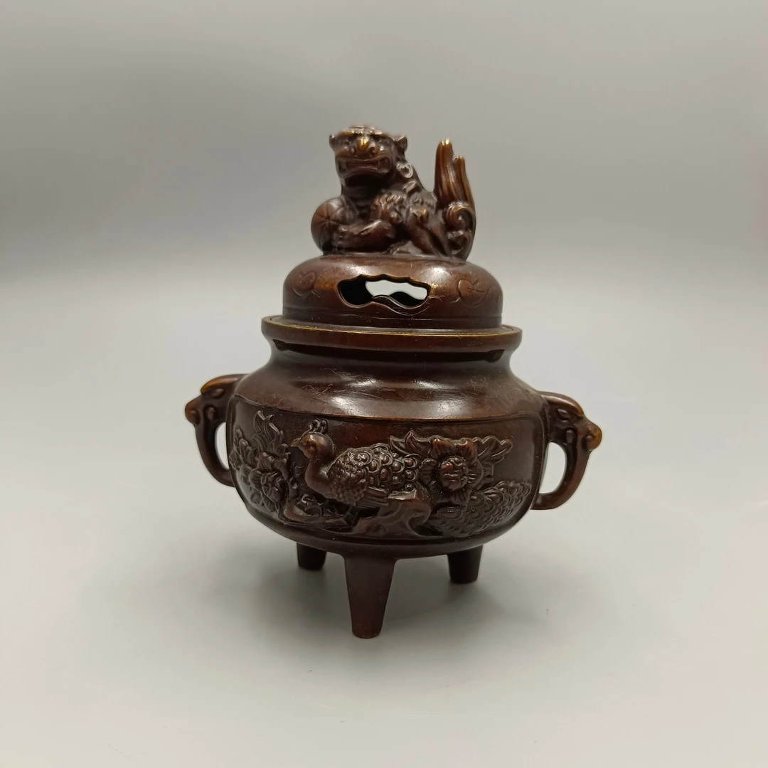 古玩黄铜紫铜包浆仿古三足熏香炉狮子香炉家居桌面玄关工艺品摆件