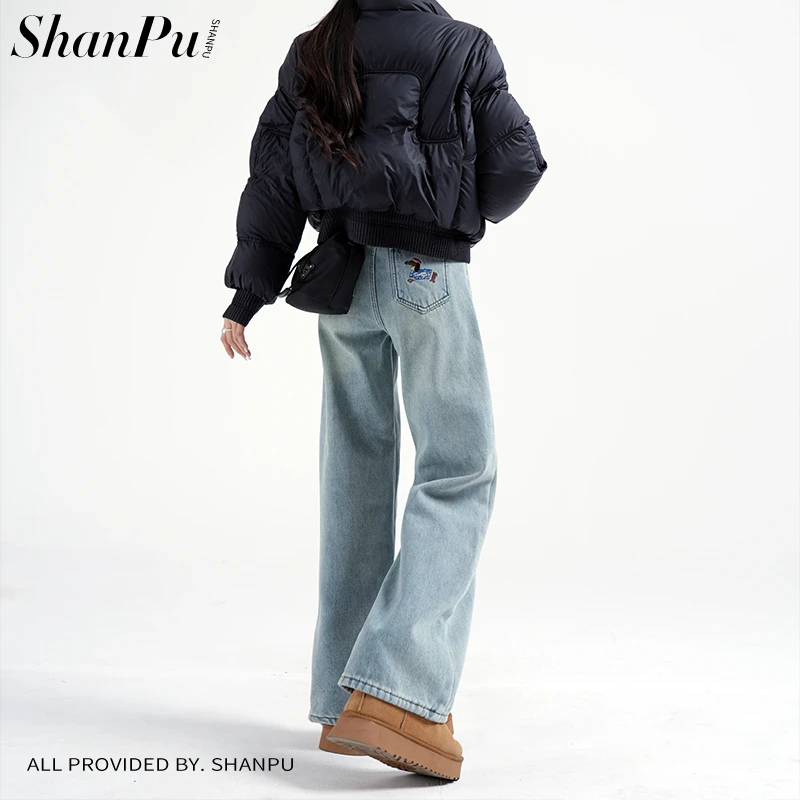 珊璞卡通腊肠狗立体刺绣高腰阔腿牛仔裤女2025年开春新款显瘦长裤